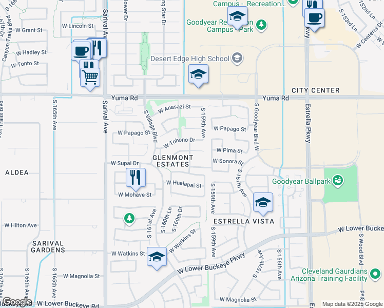 map of restaurants, bars, coffee shops, grocery stores, and more near 16008 West Pima Street in Goodyear