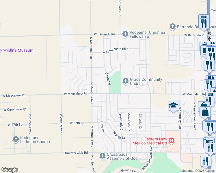 map of restaurants, bars, coffee shops, grocery stores, and more near 2904 Onate Road in Roswell