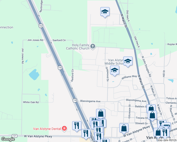 map of restaurants, bars, coffee shops, grocery stores, and more near 1041 Stanridge Lane in Van Alstyne