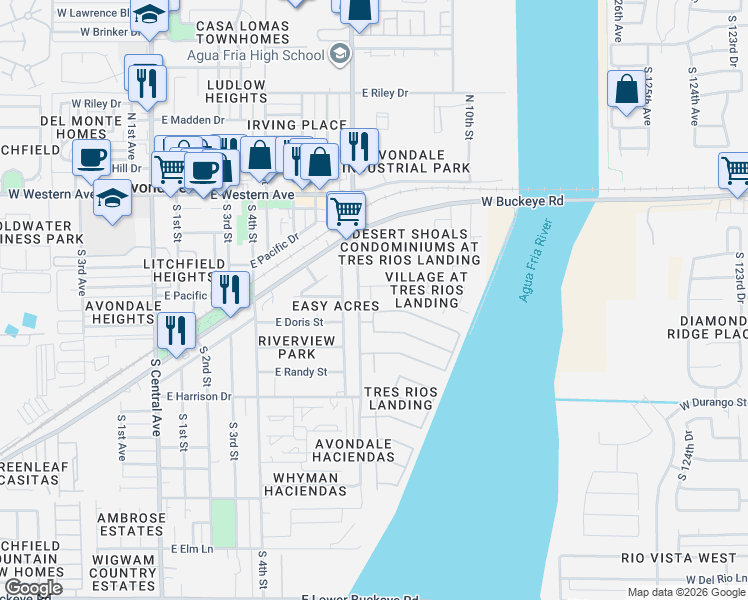 map of restaurants, bars, coffee shops, grocery stores, and more near 841 East Agua Fria Lane in Avondale