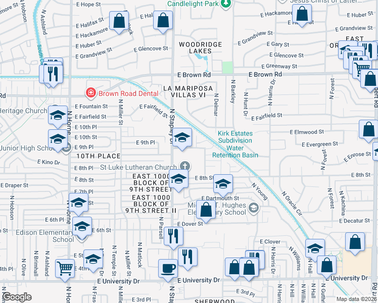 map of restaurants, bars, coffee shops, grocery stores, and more near 1235 East Evergreen Street in Mesa
