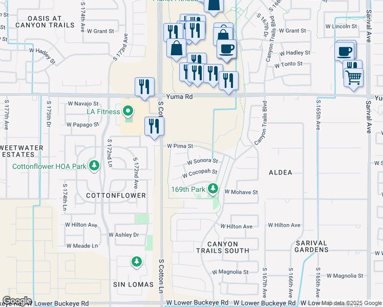 map of restaurants, bars, coffee shops, grocery stores, and more near 17016 West Zuni Street in Goodyear