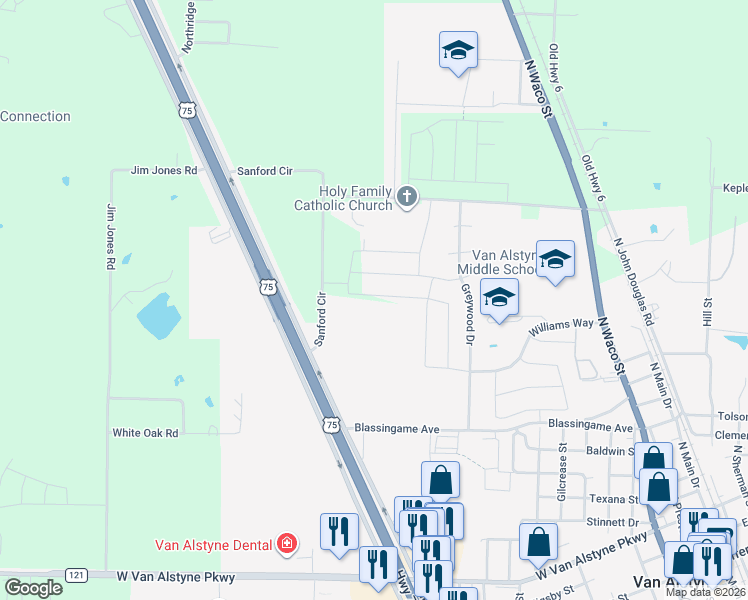 map of restaurants, bars, coffee shops, grocery stores, and more near 1041 Stanridge Lane in Van Alstyne