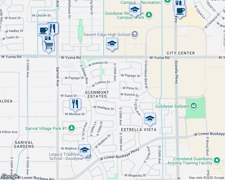 map of restaurants, bars, coffee shops, grocery stores, and more near 1590 South 159th Avenue in Goodyear
