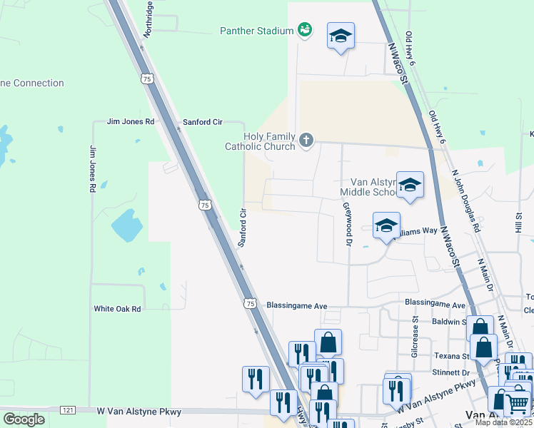 map of restaurants, bars, coffee shops, grocery stores, and more near 548 Sanford Circle in Van Alstyne