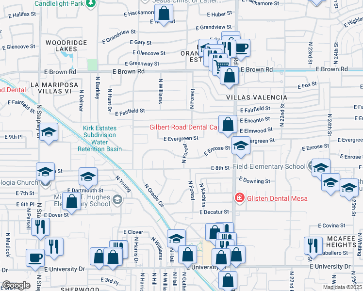 map of restaurants, bars, coffee shops, grocery stores, and more near 866 North Forest in Mesa