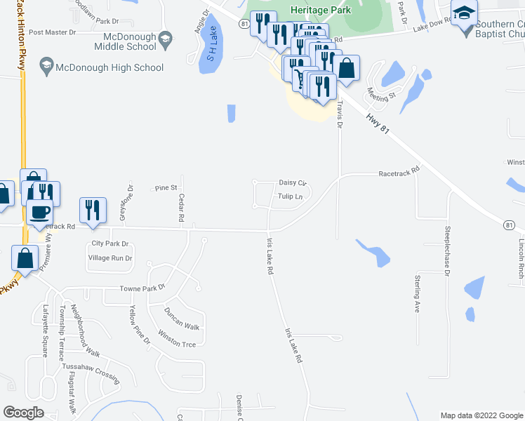 map of restaurants, bars, coffee shops, grocery stores, and more near 238 Daisy Circle in McDonough