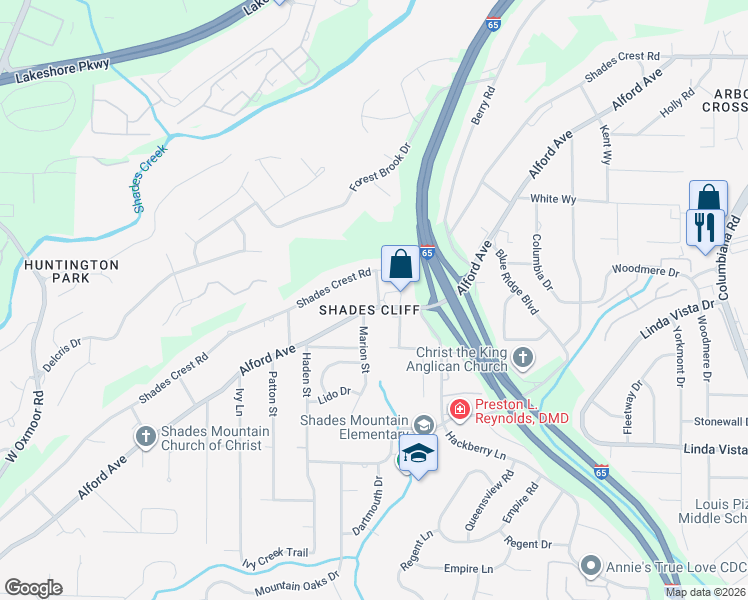 map of restaurants, bars, coffee shops, grocery stores, and more near 1205 Shades Crest Road in Birmingham