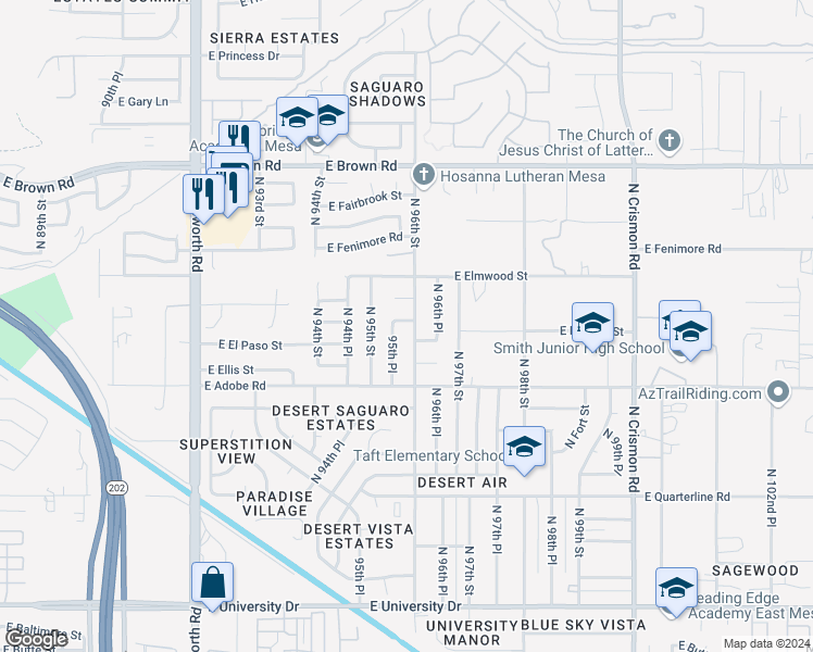 map of restaurants, bars, coffee shops, grocery stores, and more near 9540 East Ensenada Street in Mesa