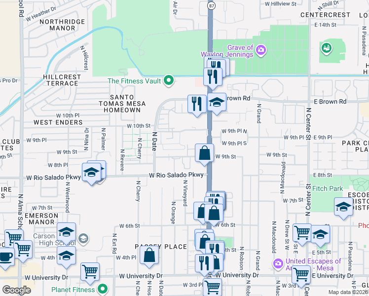 map of restaurants, bars, coffee shops, grocery stores, and more near 900 North Country Club Drive in Mesa