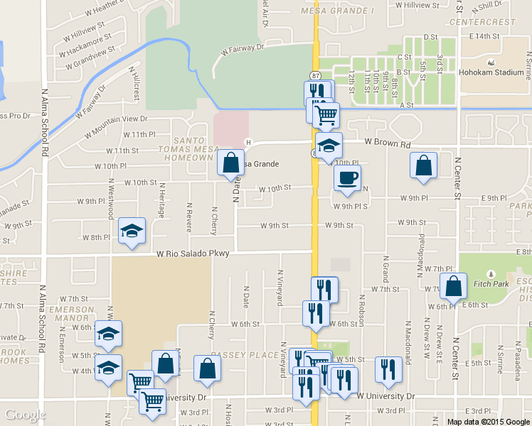 map of restaurants, bars, coffee shops, grocery stores, and more near 528 West 9th Place in Mesa