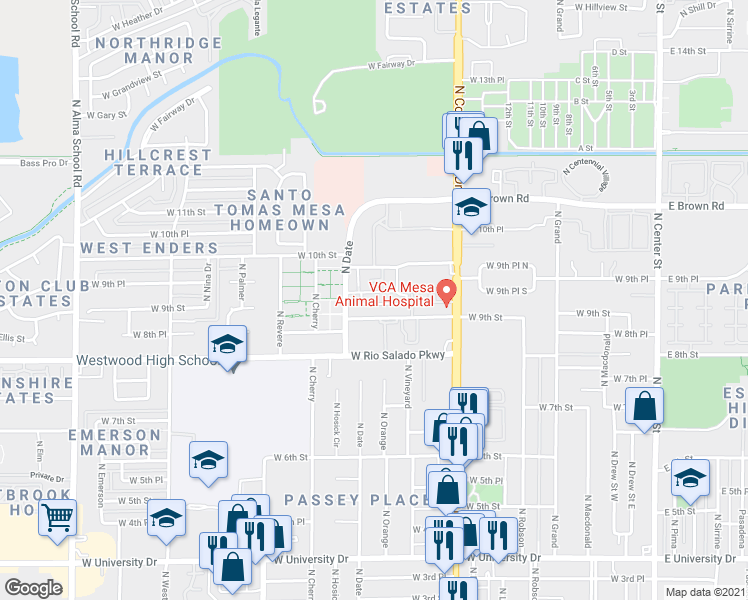 map of restaurants, bars, coffee shops, grocery stores, and more near 528 West 9th Place in Mesa