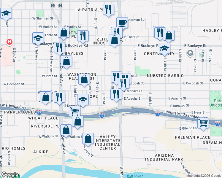 map of restaurants, bars, coffee shops, grocery stores, and more near 1634 South 6th Street in Phoenix