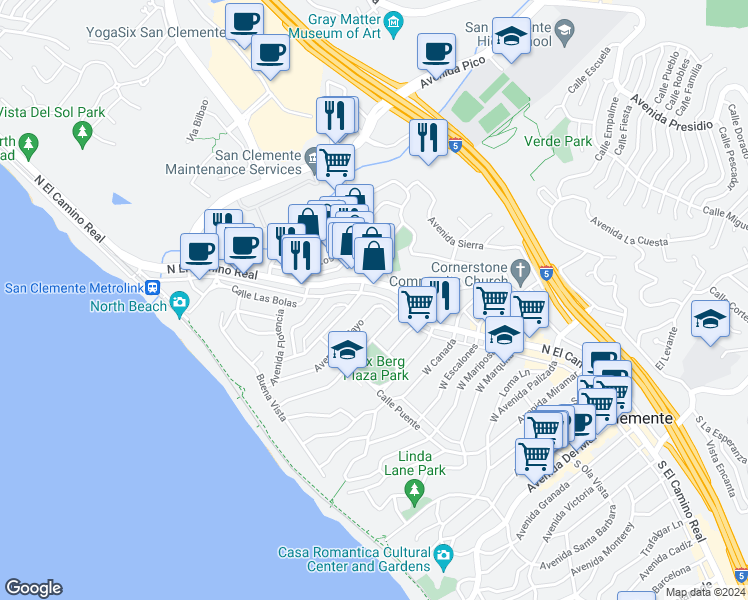 map of restaurants, bars, coffee shops, grocery stores, and more near 1402 North El Camino Real in San Clemente