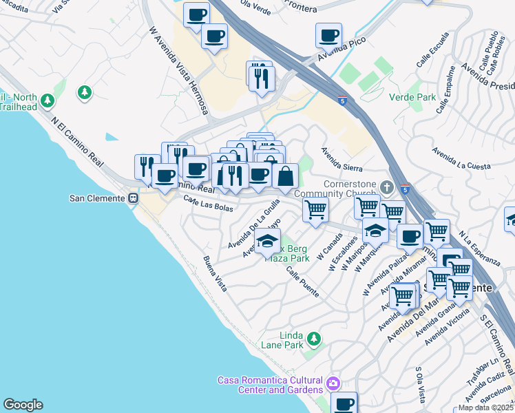 map of restaurants, bars, coffee shops, grocery stores, and more near 1422 North El Camino Real in San Clemente