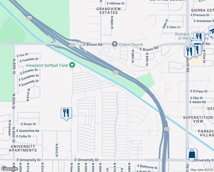 map of restaurants, bars, coffee shops, grocery stores, and more near 8700 East University Drive in Mesa