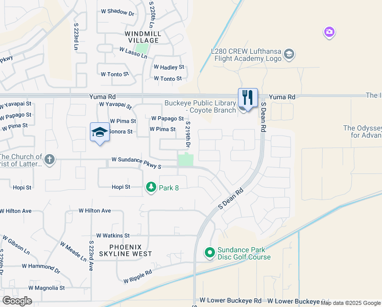 map of restaurants, bars, coffee shops, grocery stores, and more near 21938 West Cocopah Street in Buckeye