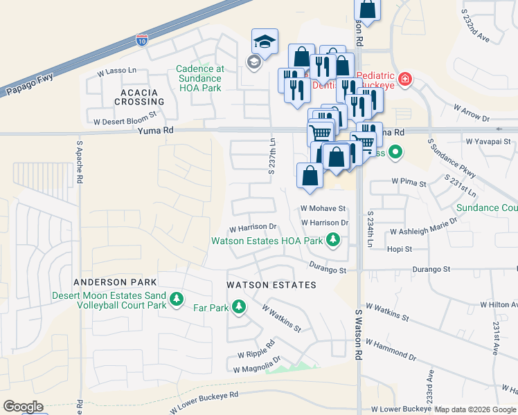 map of restaurants, bars, coffee shops, grocery stores, and more near 23795 West Cocopah Street in Buckeye