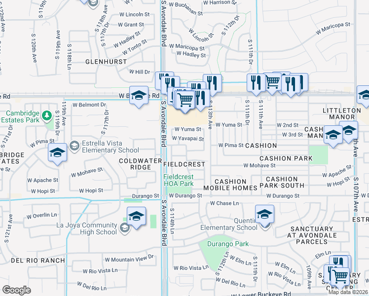 map of restaurants, bars, coffee shops, grocery stores, and more near 11417 West Yavapai Street in Avondale