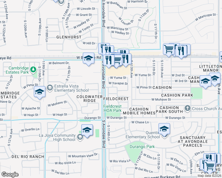 map of restaurants, bars, coffee shops, grocery stores, and more near 11417 West Yavapai Street in Avondale
