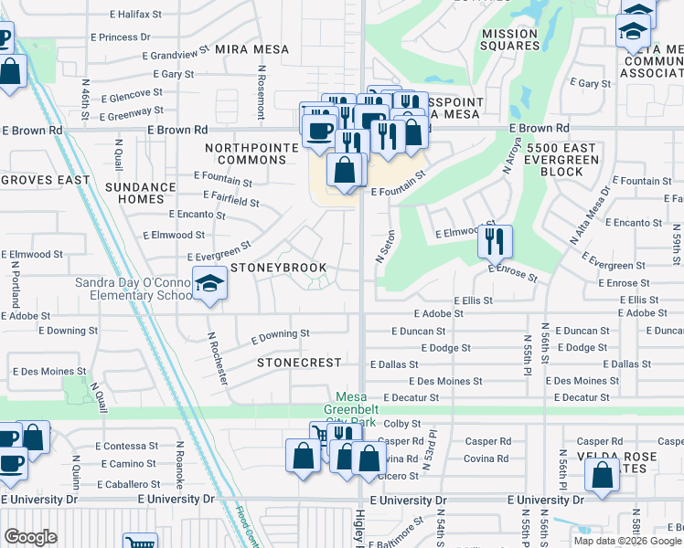 map of restaurants, bars, coffee shops, grocery stores, and more near 5135 East Evergreen Street in Mesa