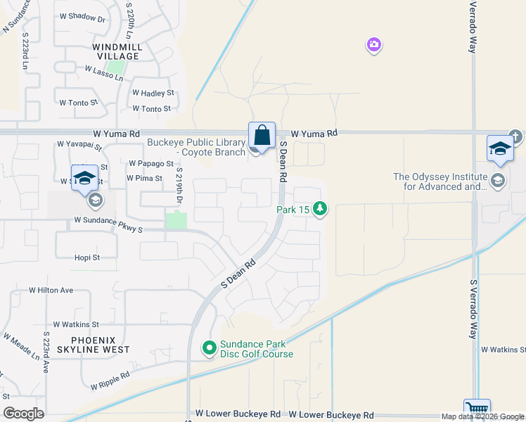 map of restaurants, bars, coffee shops, grocery stores, and more near 1607 South 216th Lane in Buckeye