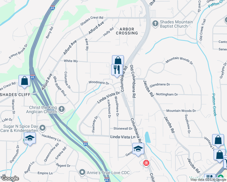 map of restaurants, bars, coffee shops, grocery stores, and more near 1516 Linda Vista Drive in Vestavia Hills