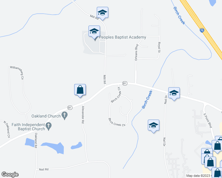 map of restaurants, bars, coffee shops, grocery stores, and more near 50 Oak Hill Court in McDonough