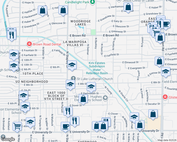map of restaurants, bars, coffee shops, grocery stores, and more near 1348 East Enrose Circle in Mesa