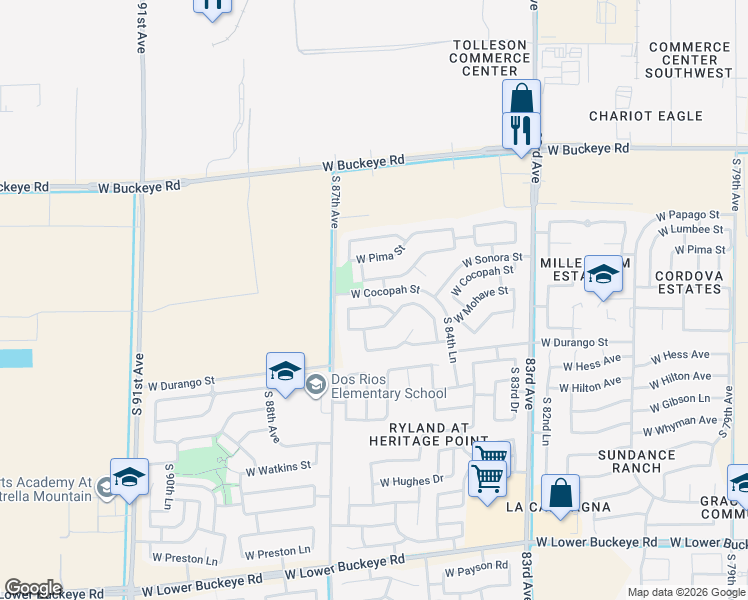 map of restaurants, bars, coffee shops, grocery stores, and more near 8605 West Sonora Street in Tolleson
