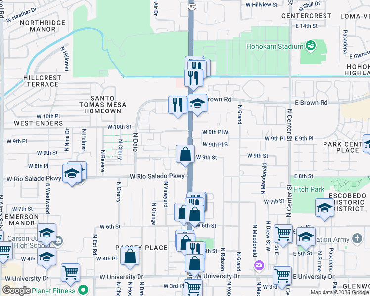 map of restaurants, bars, coffee shops, grocery stores, and more near 900 North Country Club Drive in Mesa