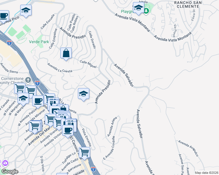 map of restaurants, bars, coffee shops, grocery stores, and more near 408 Avenida Presidio in San Clemente