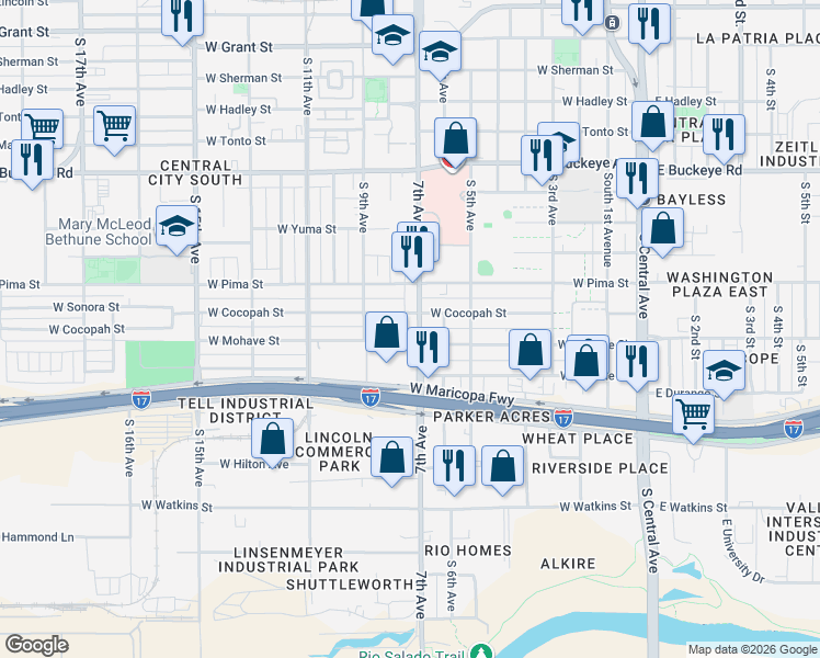 map of restaurants, bars, coffee shops, grocery stores, and more near 1714 South 7th Avenue in Phoenix