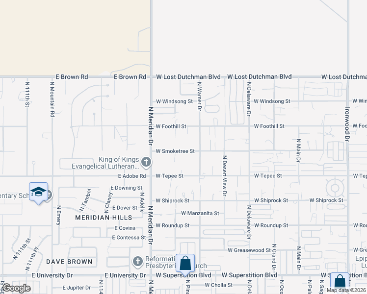 map of restaurants, bars, coffee shops, grocery stores, and more near 2926 West Smoketree Street in Apache Junction
