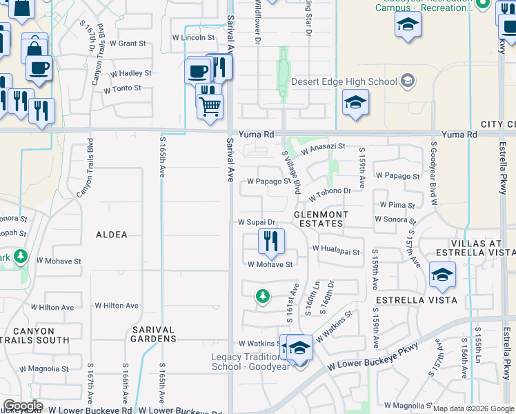 map of restaurants, bars, coffee shops, grocery stores, and more near 16163 West Tohono Drive in Goodyear