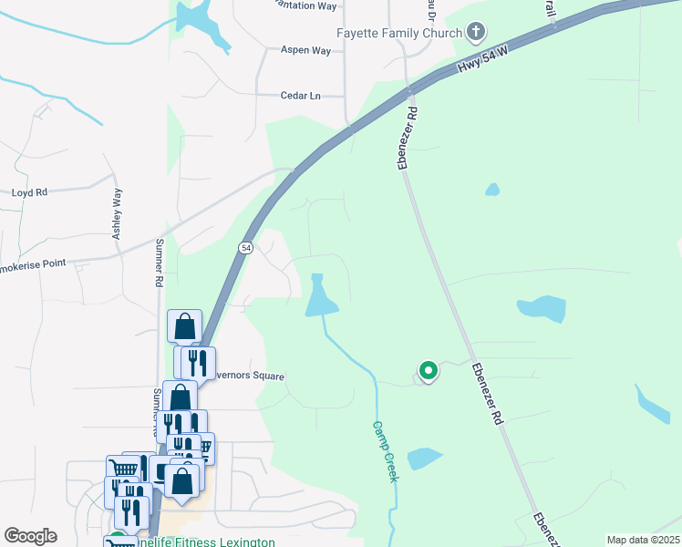 map of restaurants, bars, coffee shops, grocery stores, and more near 135 Dockstreet Alley in Peachtree City