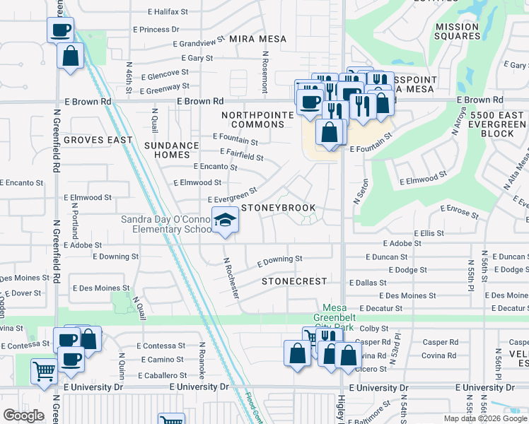 map of restaurants, bars, coffee shops, grocery stores, and more near 4918 East Enrose Street in Mesa