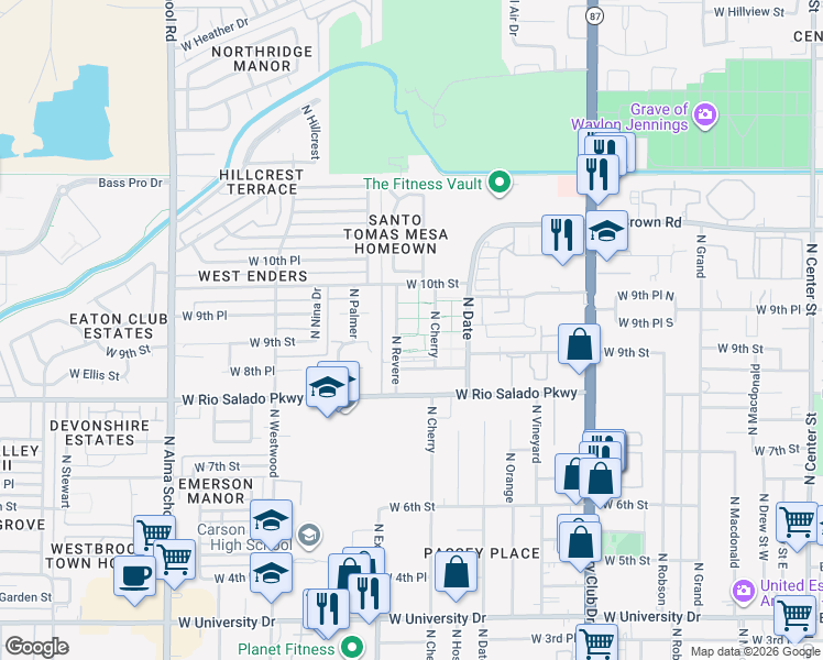 map of restaurants, bars, coffee shops, grocery stores, and more near in Mesa