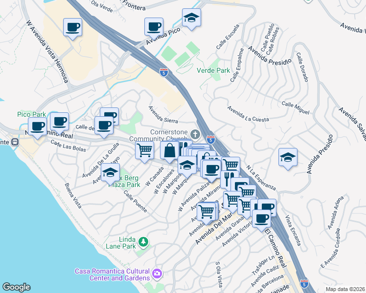 map of restaurants, bars, coffee shops, grocery stores, and more near 218A East El Portal in San Clemente