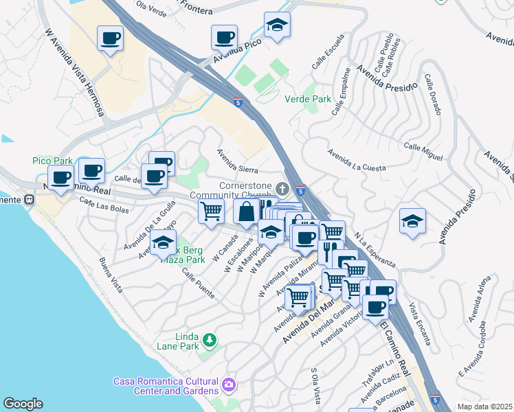 map of restaurants, bars, coffee shops, grocery stores, and more near 218A East El Portal in San Clemente