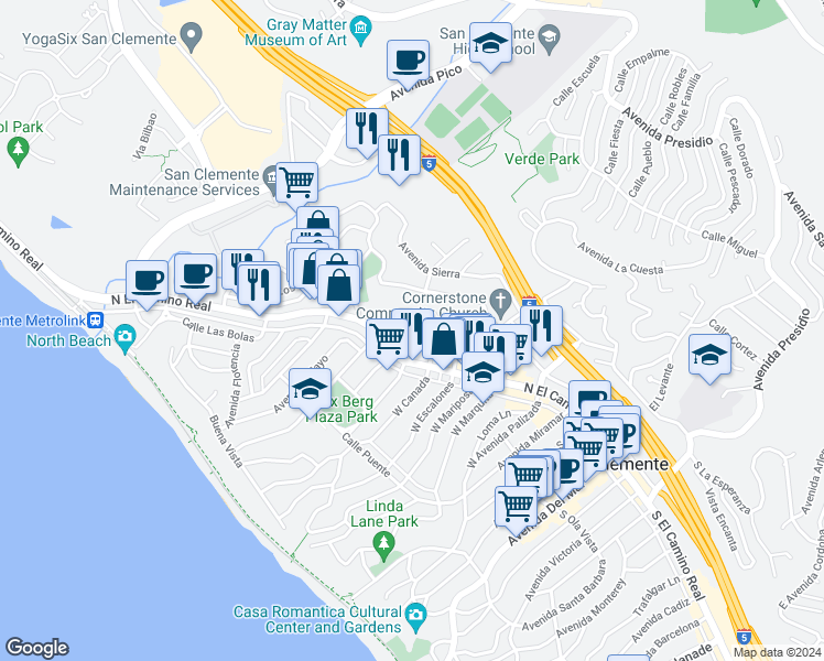 map of restaurants, bars, coffee shops, grocery stores, and more near 111 Chiquita in San Clemente