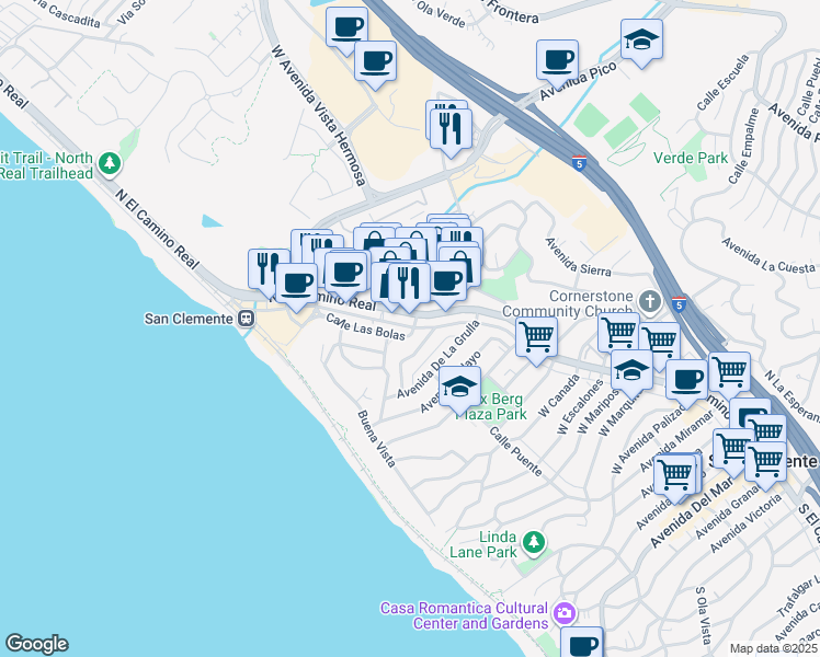 map of restaurants, bars, coffee shops, grocery stores, and more near 1520 North El Camino Real in San Clemente