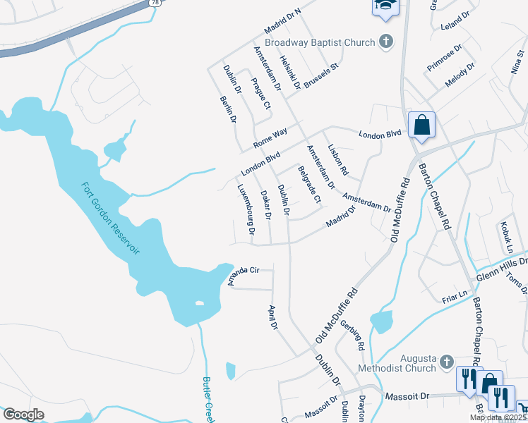 map of restaurants, bars, coffee shops, grocery stores, and more near 2417 Dakar Drive in Augusta