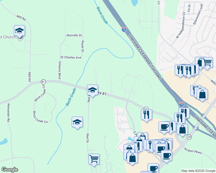 map of restaurants, bars, coffee shops, grocery stores, and more near 113 Haven Ridge Drive in McDonough