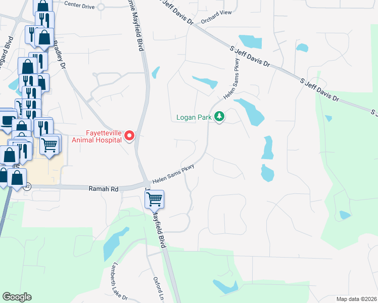 map of restaurants, bars, coffee shops, grocery stores, and more near 165 Susan Lane in Fayetteville