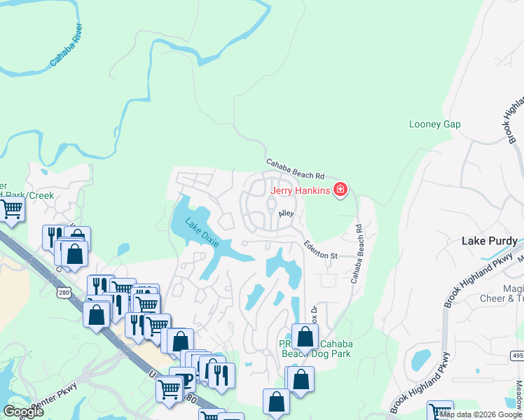 map of restaurants, bars, coffee shops, grocery stores, and more near 26122 Crossgate Road in Birmingham