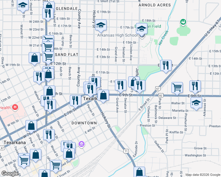 map of restaurants, bars, coffee shops, grocery stores, and more near 910 East 10th Street in Texarkana