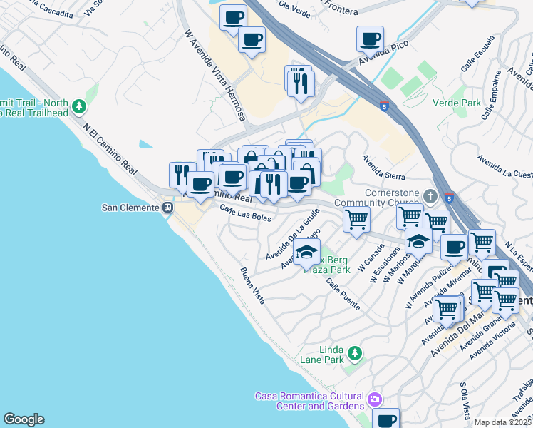 map of restaurants, bars, coffee shops, grocery stores, and more near 134 Avenida Florencia in San Clemente