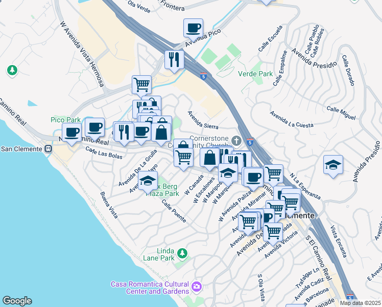 map of restaurants, bars, coffee shops, grocery stores, and more near 110 Chiquita in San Clemente