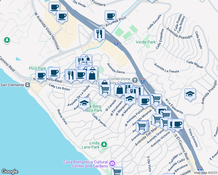 map of restaurants, bars, coffee shops, grocery stores, and more near 110 Chiquita in San Clemente